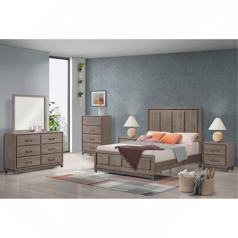 Commode de rangement contemporaine 1 tiroir 6 poignées en métal avec finition chêne gris, Brun