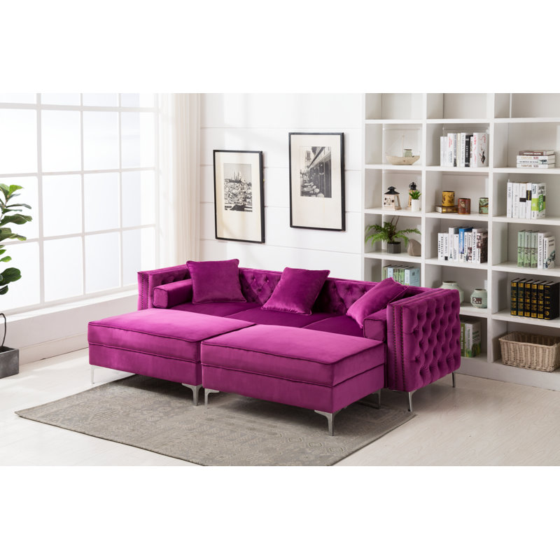 Marciano 104" Wide Velvet Reversible Modular Sofa & Chaise with 2 Ottoman, Violet