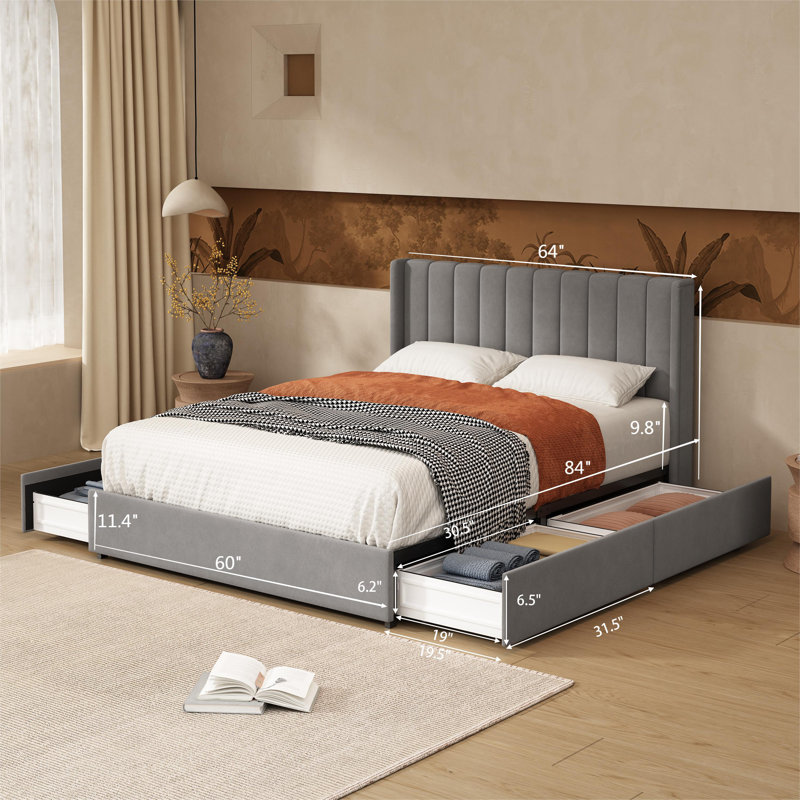 Jeilyn Upholstered Platform Drawer Storage Bed, Queen, Gray