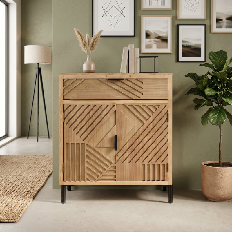 Armoire de rangement d'appoint en bois avec 1 tiroir et tablette intérieure, panneau de fibres à densité moyenne sculpté géométrique et buffet en bois massif