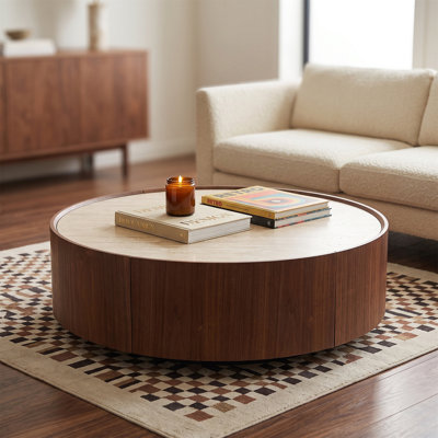 Table basse ronde avec plateau en pierre frittée et rangement caché