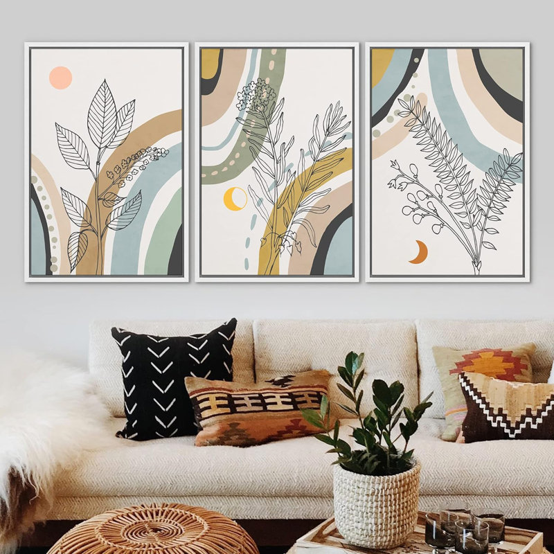 Mid Century Modern Boho Abstract Botanical Floral Jungle Plant Framed Canvas 3 Piece Print Wall Art, 24" H x 16" W x 1.5" D