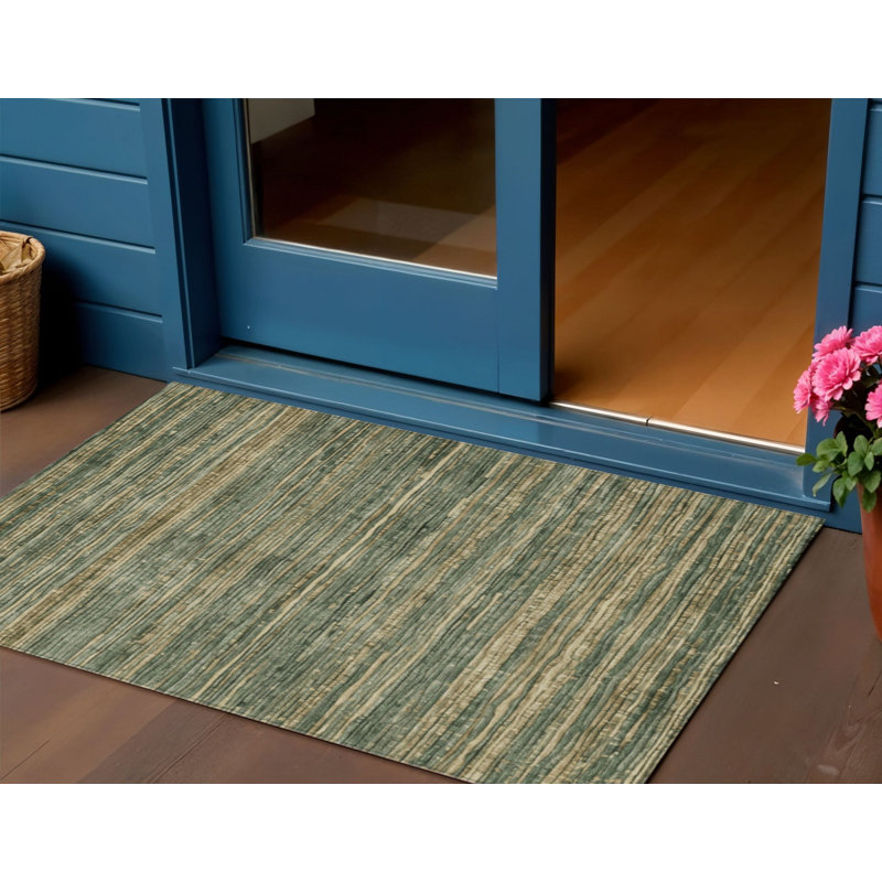 3' X 5' Fern Green And Charcoal Striped Washable Indoor Outdoor Area Rug