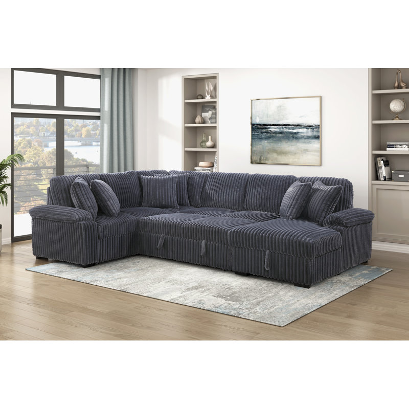 Canapé d'angle de luxe 3 pièces, 310 cm L x 246 cm P x 99 cm H, velours côtelé, 3 pièces, canapé d'angle en L, gris foncé, lit gigogne, rangement et coussins inclus