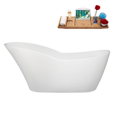 67" Streamline Soaking Acrylic Freestanding Bathtub, Bamboo Tray, Drain