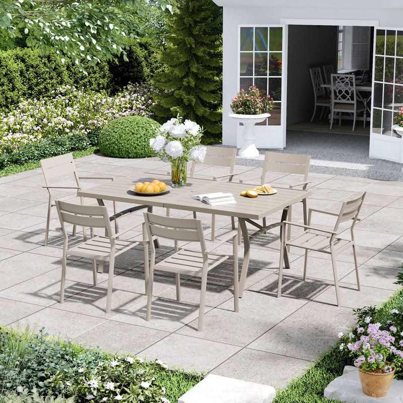Ensemble repas d'extérieur rectangulaire pour 6 personnes avec fauteuils empilables, Crème