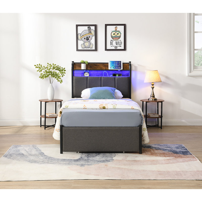 Bed Frame Frame, Storage Headboard With Charging Station, Solid And Stable, Noise Free, No Box Spring Needed, Easy Assembly