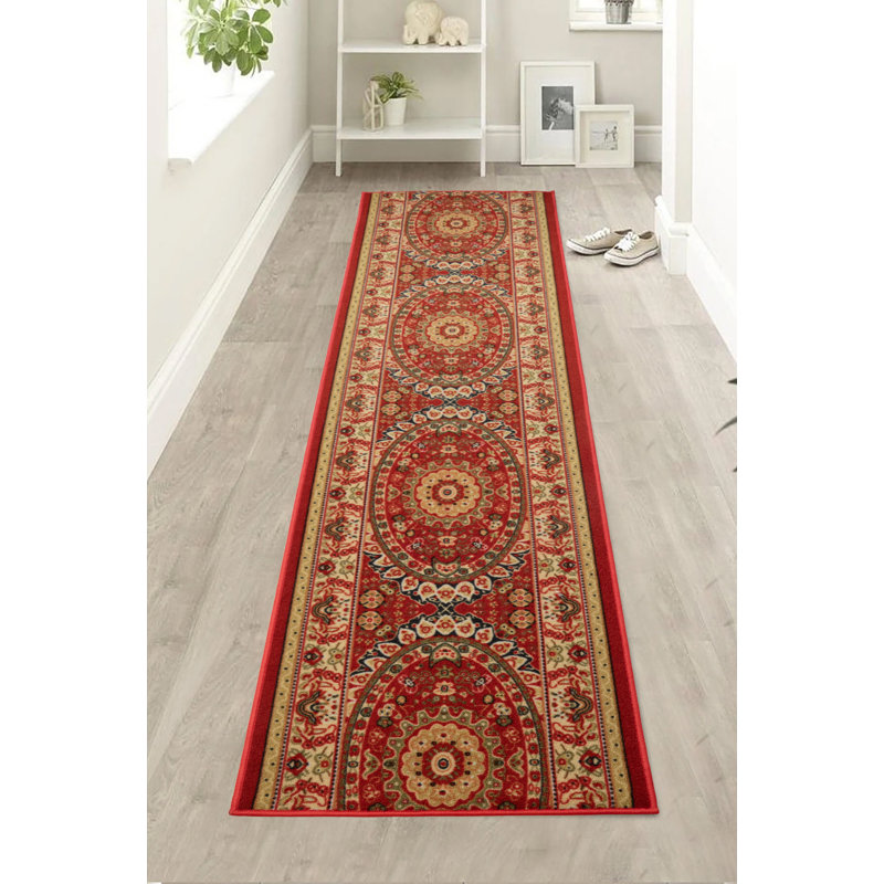 Custom Size Runner Rug Oriental Persian Medallion Red Low Pile Slip Resistant Runner Rugs by Feet, Runner 3' x 31'