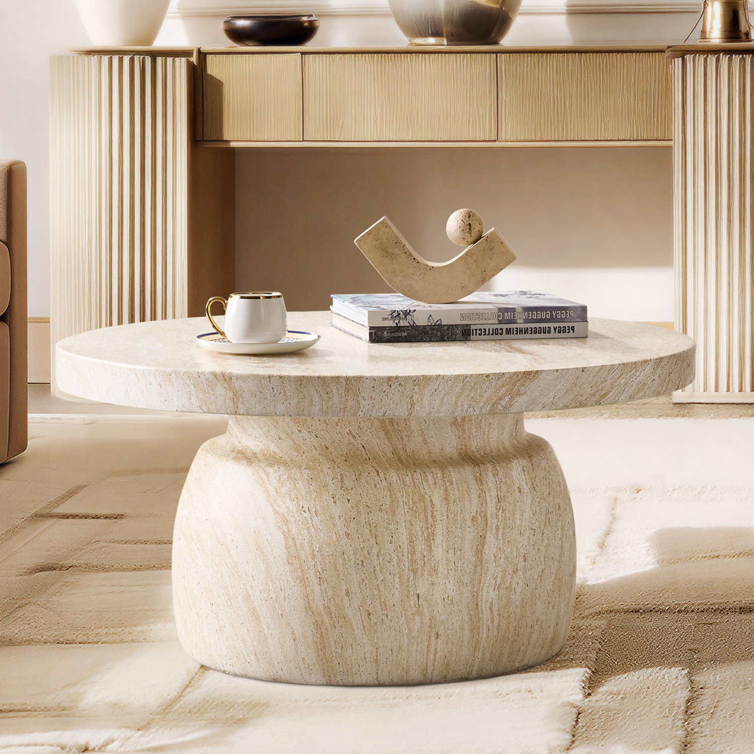 Watterson Andolise Modern 31.5"W Faux Travertine Simple Assembly Round Coffee Table, Natural