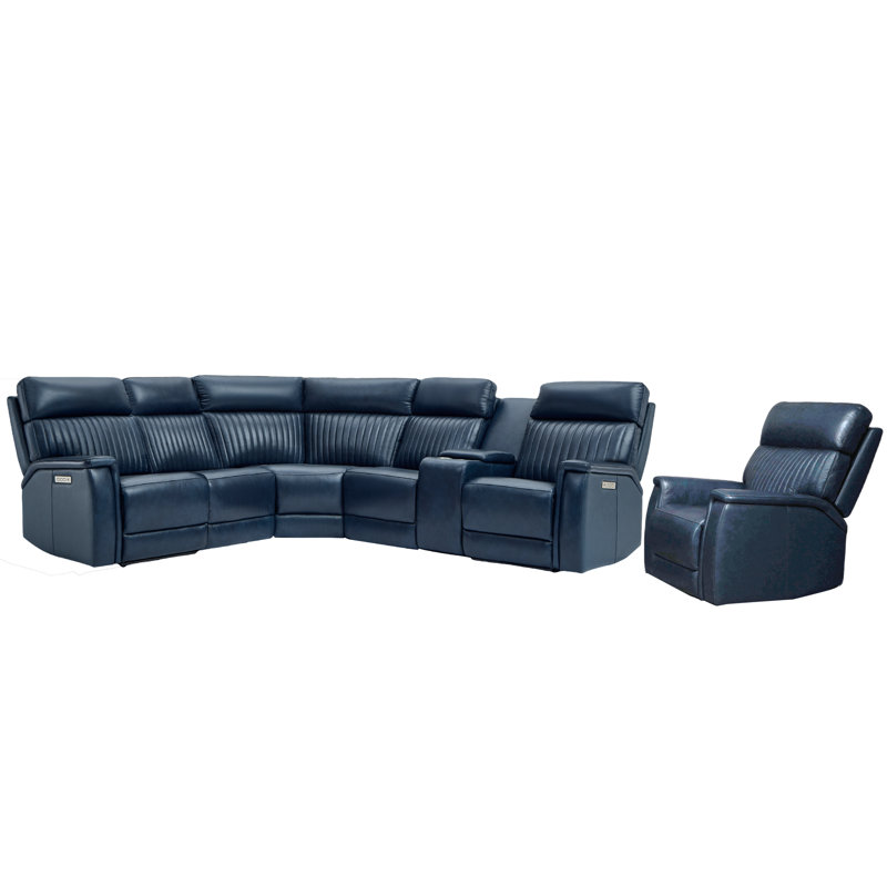Ensemble de salon Emlin 7 pièces, 3 fauteuils inclinables électriques, canapé d'angle inclinable en cuir, appui-tête et soutien lombaire électriques.