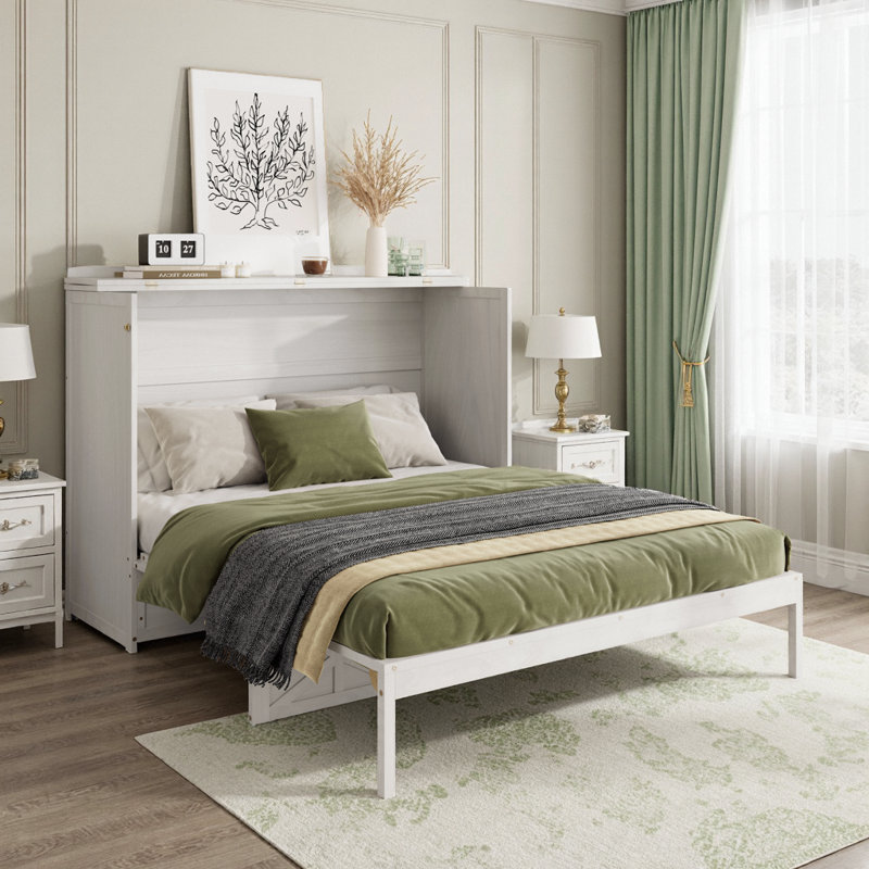 Grand lit escamotable avec ports de chargement USB, grands tiroirs de rangement et finition blanche brossée - solution de lit mural peu encombrante pour les maisons modernes