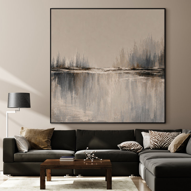 Très grand art mural imprimé sur toile - Paysage abstrait bord de l'eau beige, décor de salon contemporain - "Assemblage requis (cadre non fini)"