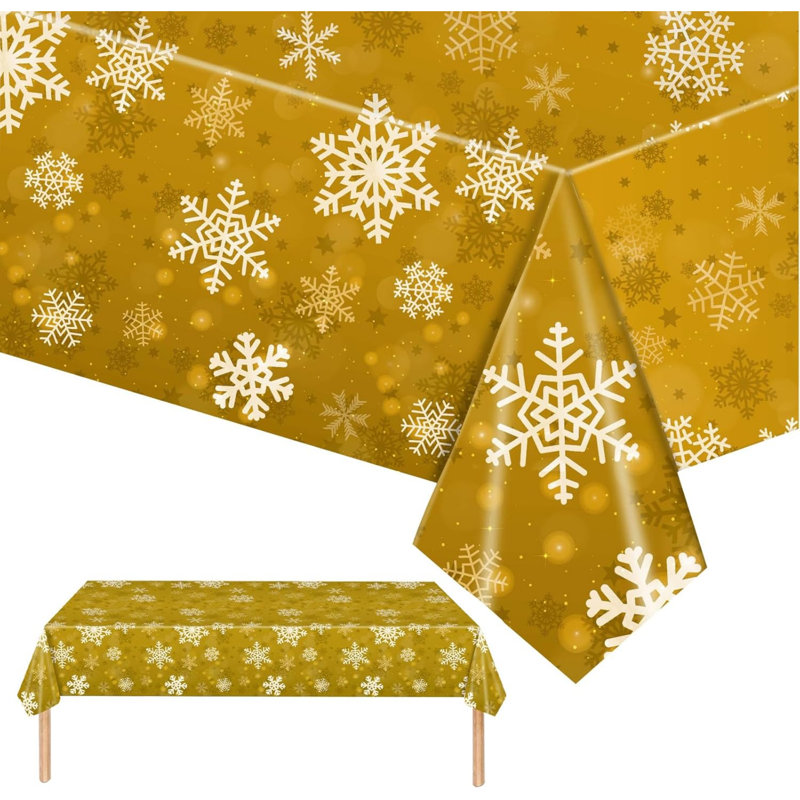 2 Pack Gold Glitter Snowflower Christmas Tablecloth - Plastic Rectangle Table Cover 137*274cm for Party, Winter Holiday, Xmas Table Décor