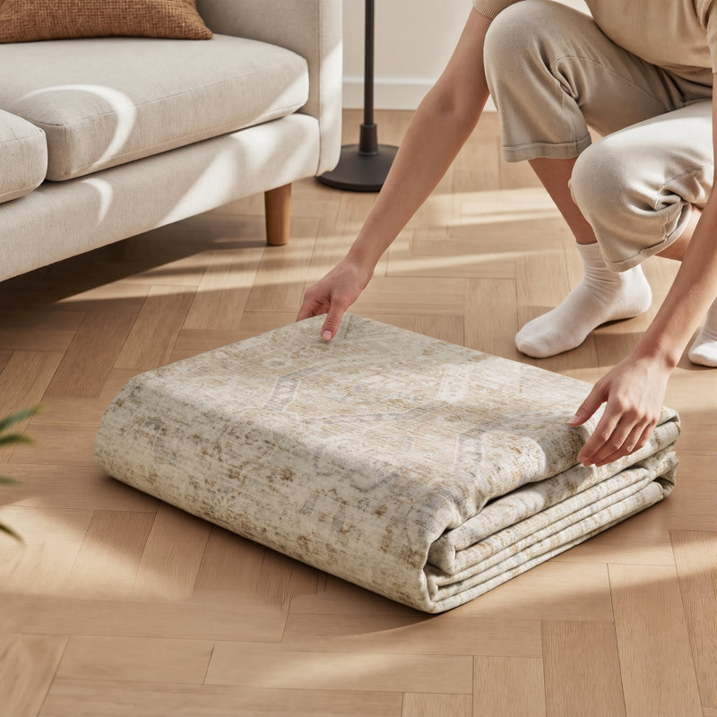 Soft Washable Vintage Distressed Beige Area Rug with Non-Slip Backing, Rectangle 5' x 7', Beige