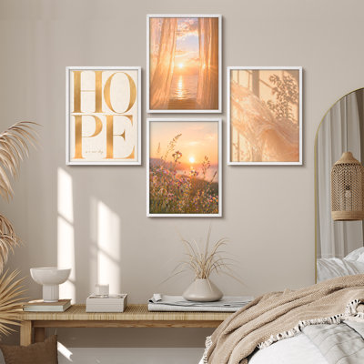 Ensemble de 4 reproductions d'art encadrées - Espoir inspirant et scènes de lever de soleil pour le salon ou la chambre à coucher