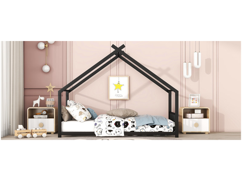 Twin Size Metal House Bed, Black, Twin