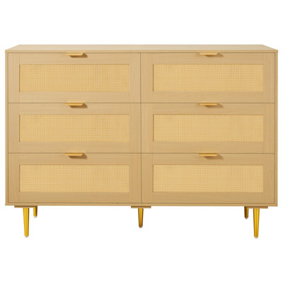Commode 6 tiroirs en rotin, commode double pour la chambre à coucher Commode en rotin avec poignées et pieds en métal, coffre à vêtements en bois moderne et rangement pour la chambre à coucher, le salon, le couloir