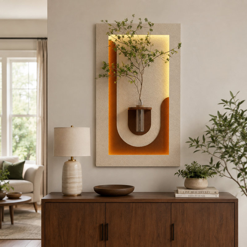 Art mural d'intérieur inspiré d'une plante d'intérieur avec vase en verre et café dimensionnel