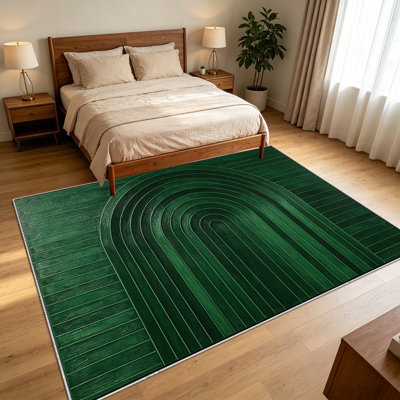 Tapis minimaliste à rayures arquées vert foncé (1 pièce) pour salon, doux et confortable, adapté à toutes les saisons, pliable, facile d'entretien, lavable à la machine, tapis de sol intérieur, style ferme, idéal sous une table, dans une salle à manger ou une chambre.