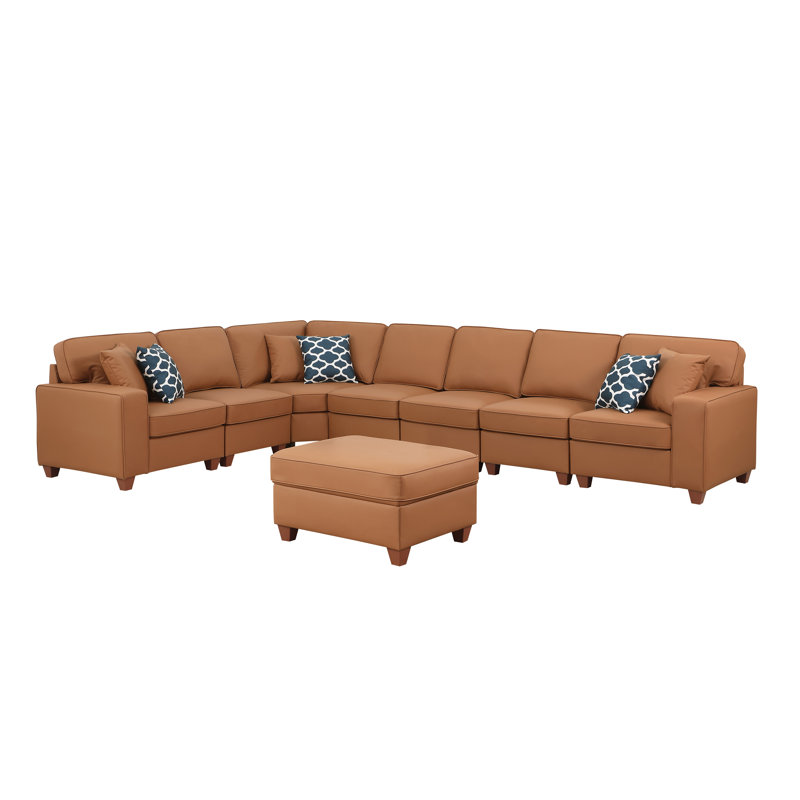 Shayle Artificial Leather Modular Sectional With Ottoman, Brown Faux Leather, 35"H x 151.25"W x 33.25"D