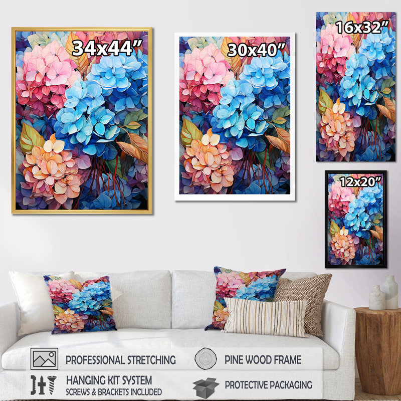 Hortensia bleue et orange II sur toile, Cadre photo doré, H 40 po x l 30 po x P 1,5 po