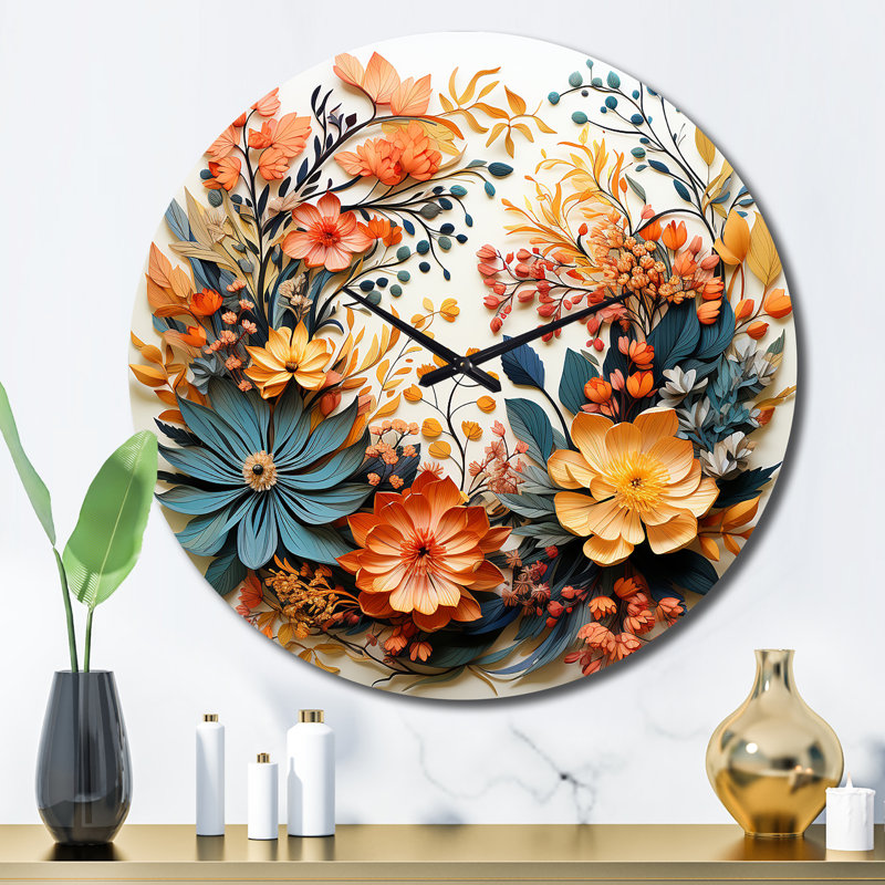 Horloge murale beige et orange à couronne de fleurs III, Grand