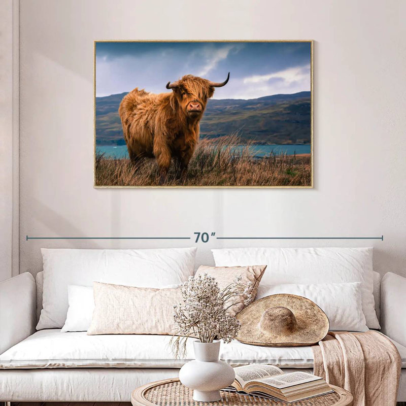 Large Highland Cow, Floating Frame Natural Wood, 43" X 29"