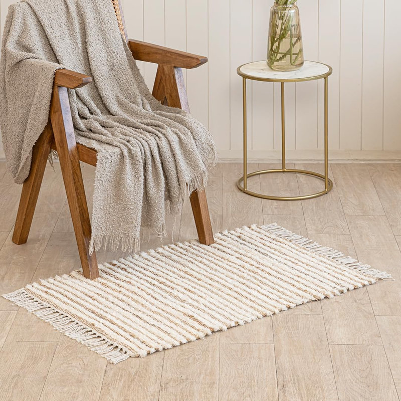 Paillasson en coton et jute avec pompons | 2 pi x 3 pi | Naturel | Tissé à la main, durable, style bohème, pour l'entrée, la cuisine, la salle de bain et la salle de lavage