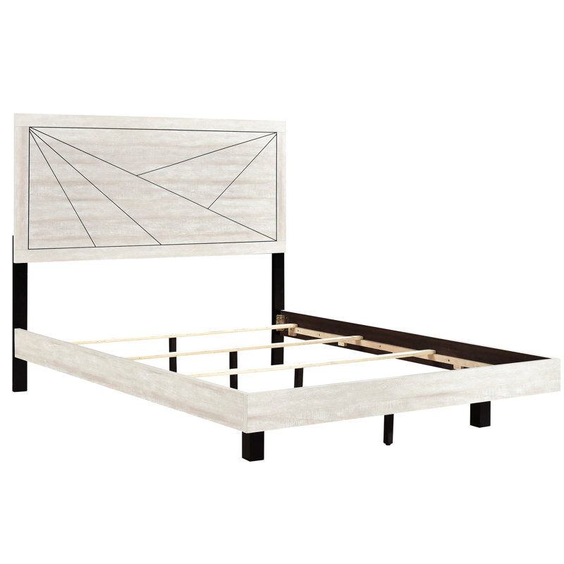 Structure de grand lit de style contemporain en chêne gris poussiéreux, avec tête de lit et rails latéraux pour la chambre à coucher avec esthétique de finition en chêne moderne