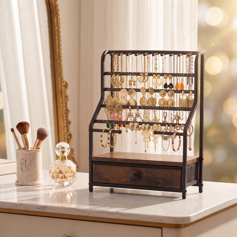 Présentoir à bijoux avec crochets pour colliers, barres pour montres, tiroir en tissu non tissé, grande capacité, pour boucles d'oreilles, bracelets, colliers et bagues.