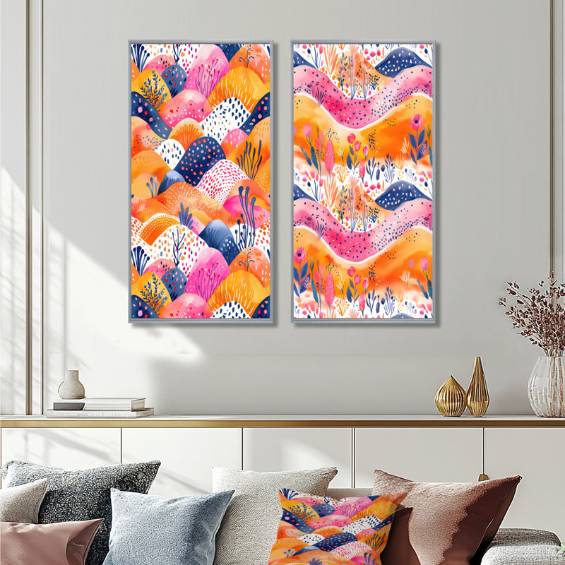 Ensemble de 2 reproductions d'art mural bohème rose et orange, H 28 po x l 24 po, Impression encadrée, Argent argent