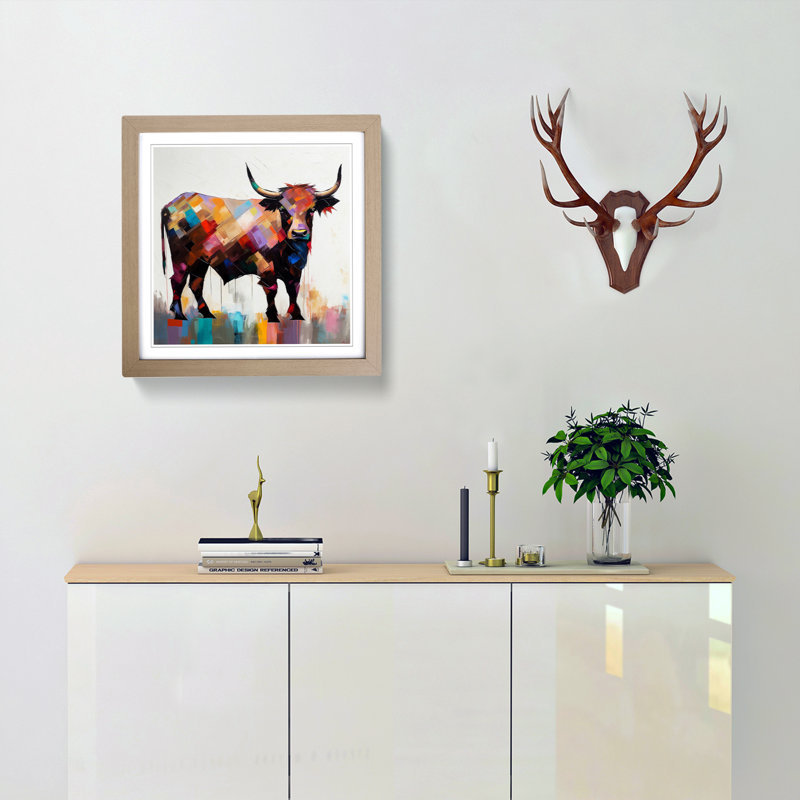 Highland Cow Suprematism No.2 - Single Picture Frame Print on Wood, Oak