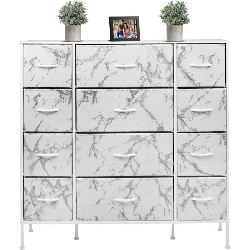 Sorbus White 12-Drawer Vertical Dresser with Marble Print Fabric Bins