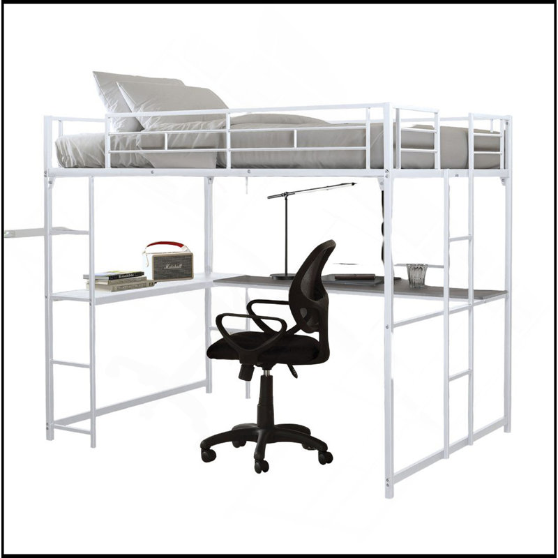 Lit mezzanine double de style contemporain avec deux échelles et structure en métal, Blanc