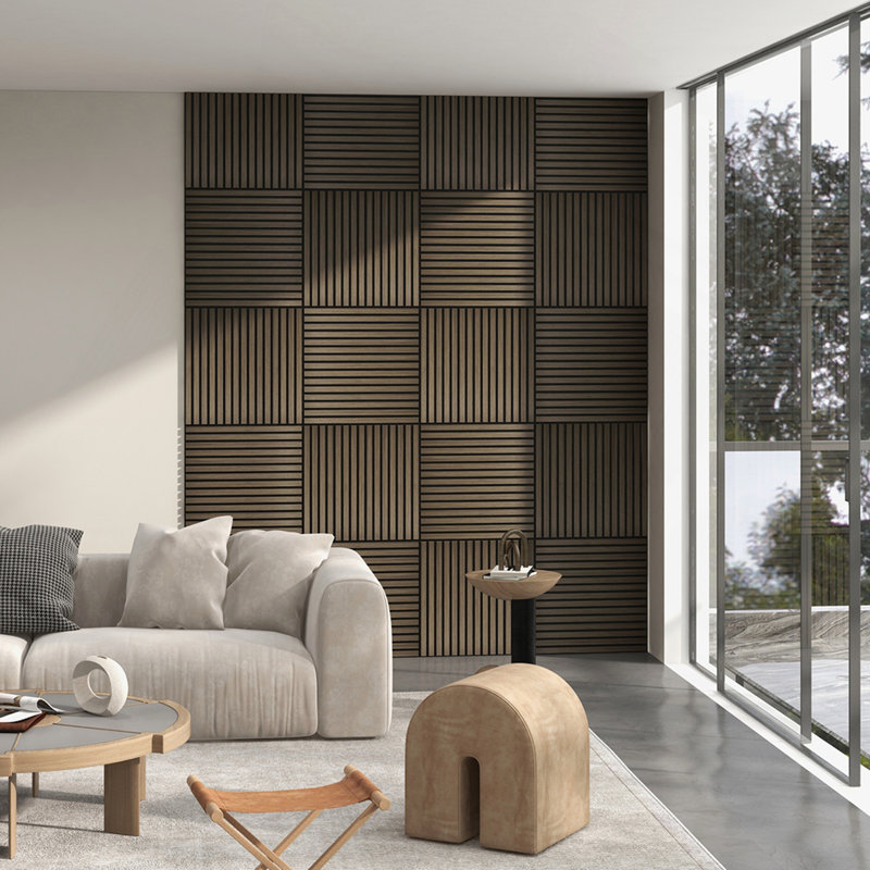 4 Pack 3D Faux Wood Wall Panels, 24" x 24" Sound Absorbing Acoustic Panels, Wood Slat Wall Panels for Interior Wall Decor, Ceiling, Walnut