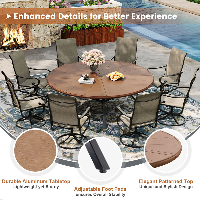 8-Person Aluminum Round Patio Dining Table, Brush Wood Brown
