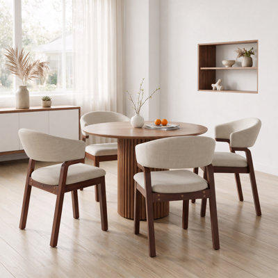 Modern Curved Dining Chair with Solid Wood Legs – Linen Upholstered Armchair
