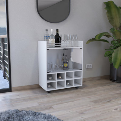 Chariot-bar avec support intégré pour 8 bouteilles, armoire à double porte vitrée et surface supérieure bordée d'aluminium
