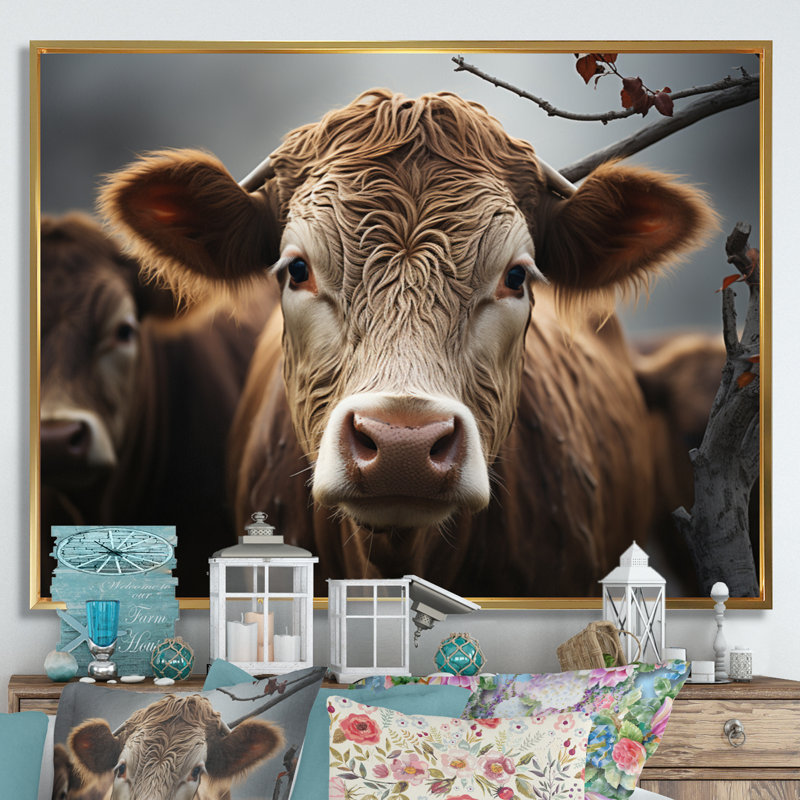 " Cattle Running I ", Gold Floater Framed, 24" H x 32" W x 1" D