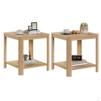 Rounded Corner End Tables Set Of 2 – 22.1'' Square Nightstand With Vertical Wave Grain Legs, 2-Tier Boho Side Table For Living Room, Bedroom & Home Office