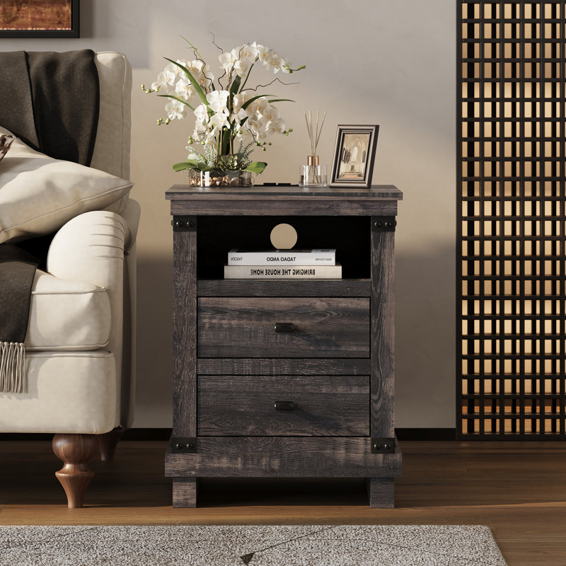 18"W Farmhouse Nightstand with Charging Station & 2 - Drawers, Dark Gray