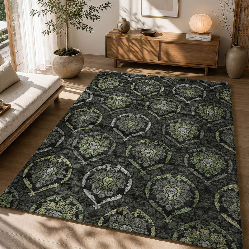 Tapis oriental à poils longs de qualité supérieure lavable à la machine ADS809, Vert, 10 pi x 14 pi