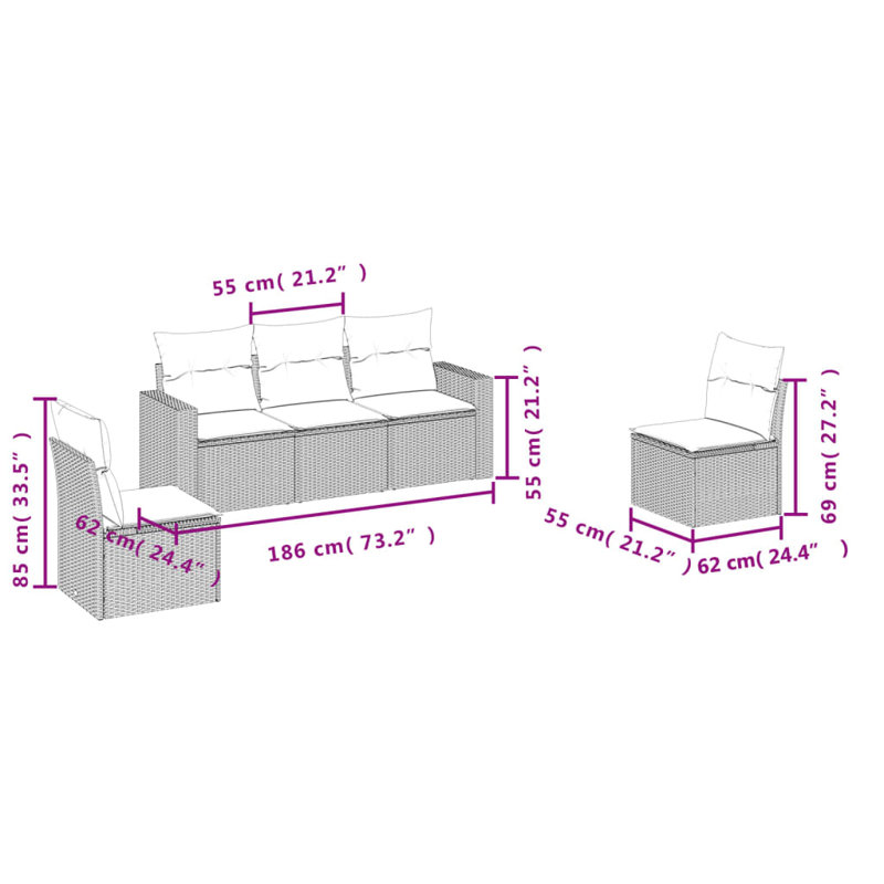Ensemble de canapé de jardin Vidaxl PE rotin beige, acier thermolaqué standard