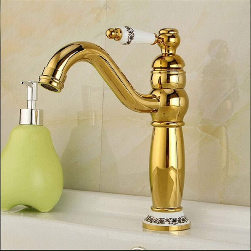Robinet de lavabo à fixation sur comptoir monocommande or et céramique Amiens - Finition laiton poli avec valve en céramique