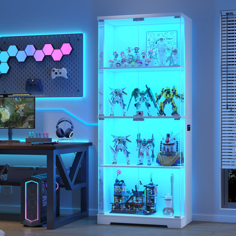 Vitrine de 67 po de hauteur vitrée avec capteur RVB, armoire de rangement verrouillable à 4 niveaux, Blanc