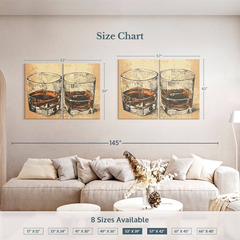 Ensemble de 2 verres à whisky rétro sur toile, H 42 po x l 57 po x P 1,25 po