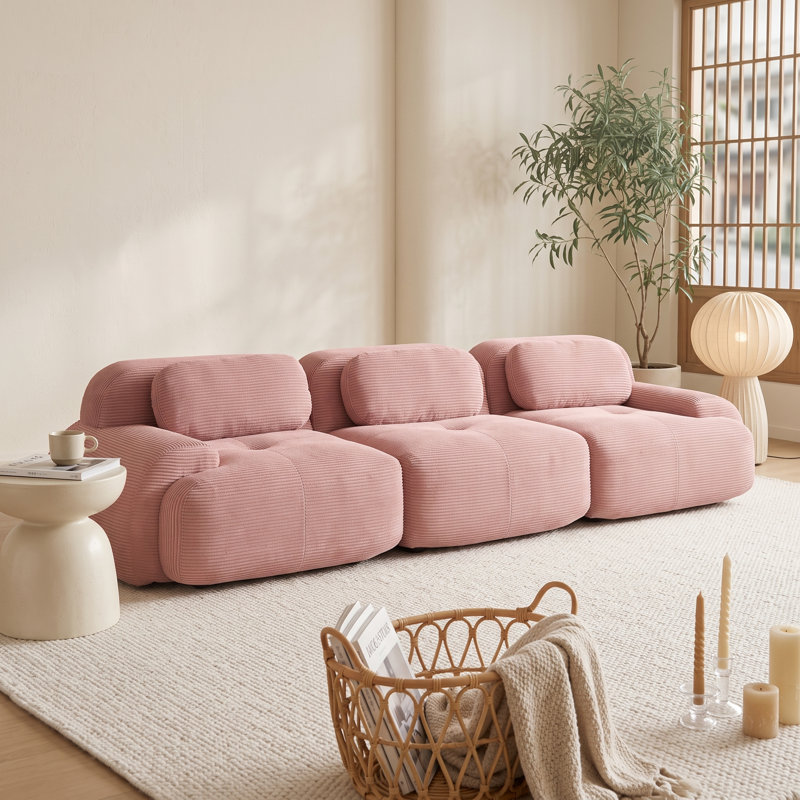 Canapé modulaire rose 3 places en velours côtelé, profil bas, avec coussins moelleux et accoudoirs incurvés, 3 Seat