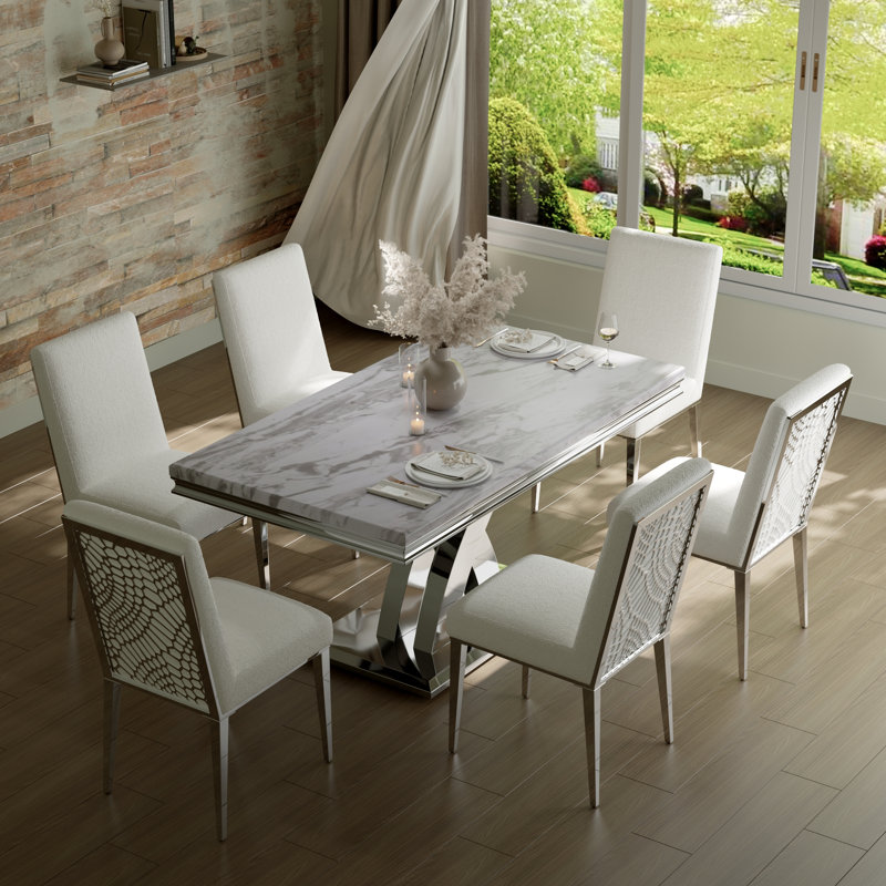 Ensemble de table de salle à manger 7 pièces blanc et argent avec table de 65 pouces et 6 chaises de salle à manger blanches