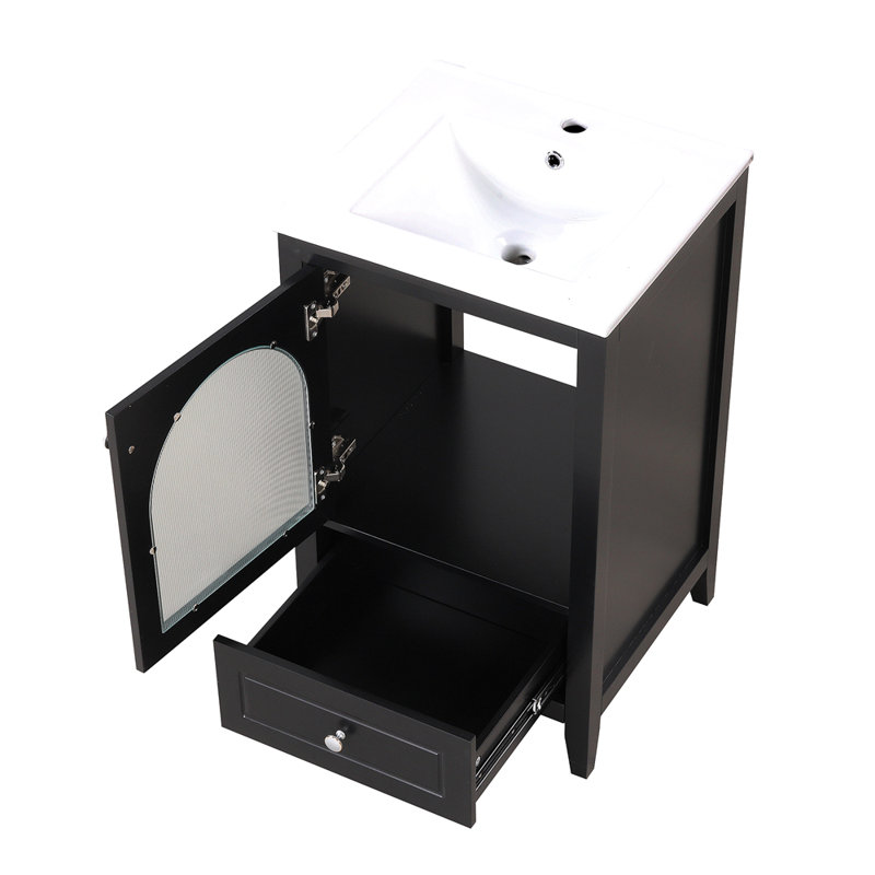 Meuble-lavabo de 20 po avec lavabo, armoire de salle de bain avec porte en verre à fermeture douce, tiroir, Noir
