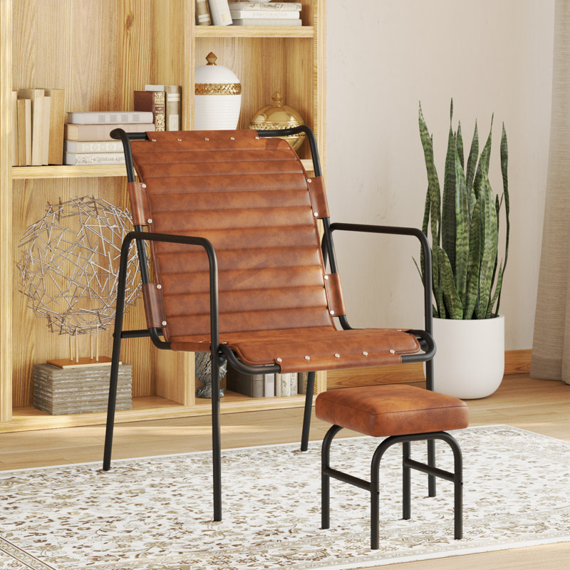 Fauteuil d'appoint avec repose-pieds pour le salon, Cuir véritable brun